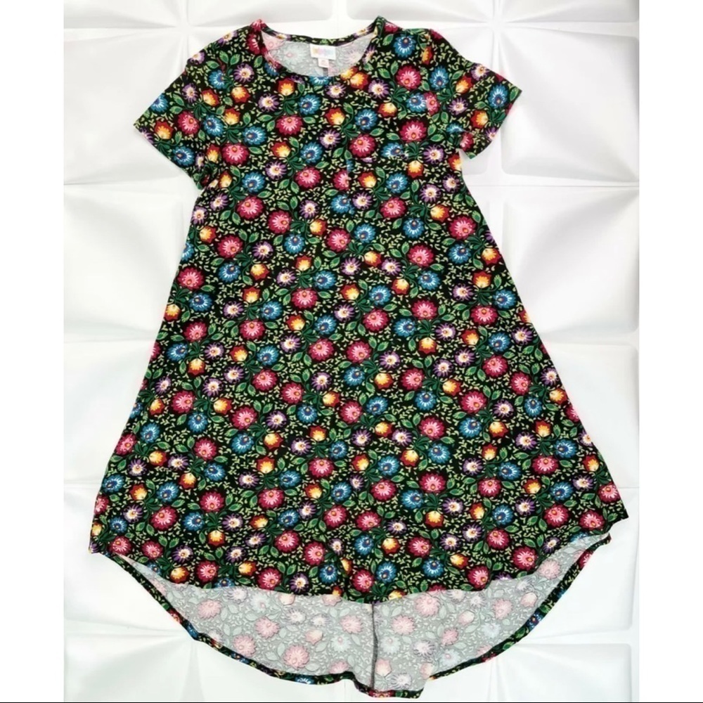 Lularoe Sz XS Carly Pocket Black Colorful Floral Swing Dress Spring NEW